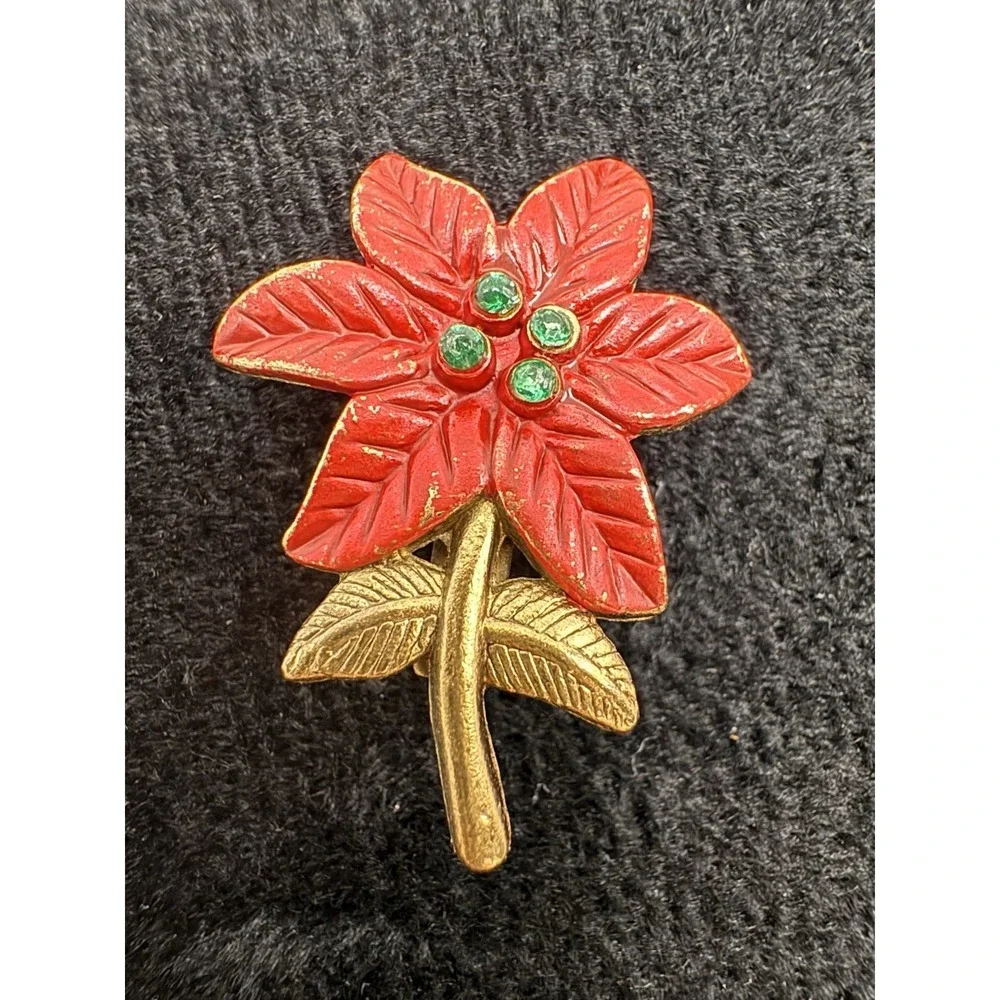 Vintage Poinsettia Brooch Red Enamel Green Rhinestone Gold Tone Christmas Pin Pe